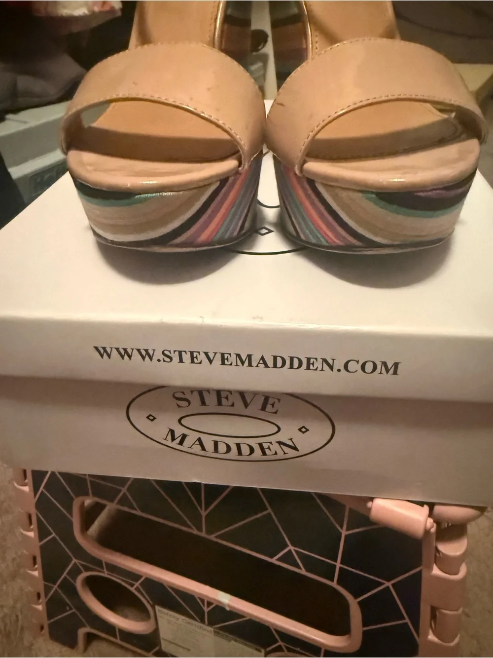 Steve Madden Nude Patent Strappy Wedges with Multi-Color Striped Platform